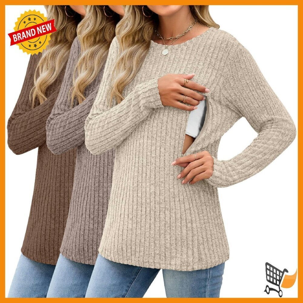 3 Pack Nursing Tops Long Sleeve Ribbed Sweaters Hidden Zipper Maternity